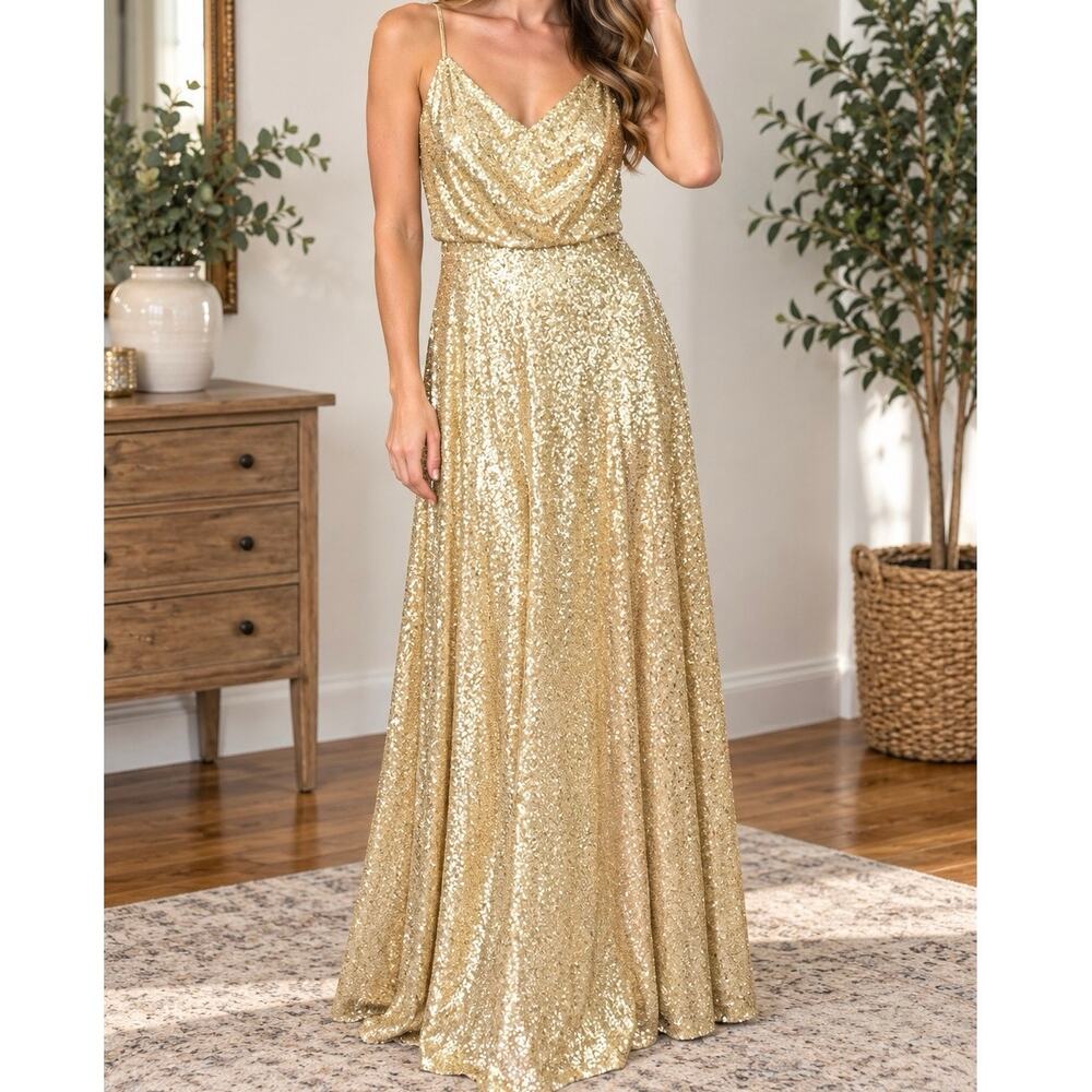Revelry Gold Sequin Sparkle Draped Back Bridesmaid Cocktail Event Dress 2